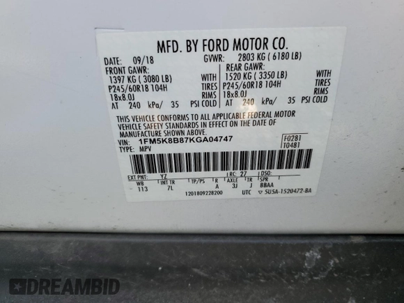 2019 Ford Explorer с VIN 1FM5K8B87KGA04747, выставлен на аукционе Copart как лот 41881145 с пробегом 141 868 миль миль и Списание • Salvage title. История ставок и продаж доступна на DreamBid. Изображение 15.