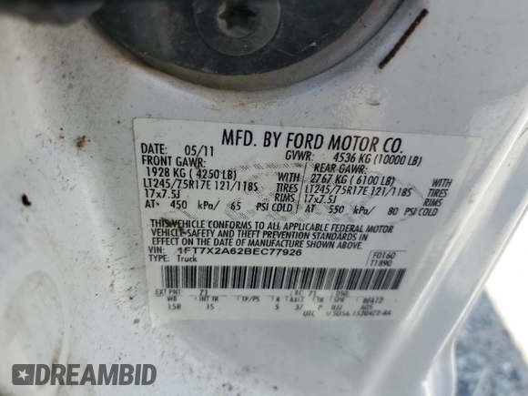 2011 Ford F-250 XL с VIN 1FT7X2A62BEC77926, выставлен на аукционе Copart как лот 60855045 с пробегом 215 741 миль миль и Чистый • Clean title. История ставок и продаж доступна на DreamBid. Изображение 12.