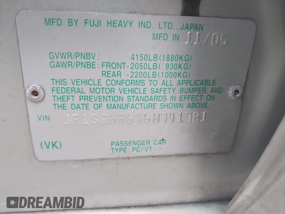 2006 Subaru Forester 2.5 X with VIN JF1SG636X6H741781, listed as a IAAI auction lot 41781862 with 177,540 mi miles. Bid and sale history available at carsss.com. Image 9.