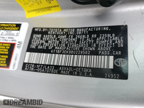 2011 Toyota Camry LE with VIN 4T1BF3EK9BU229562, listed as a Copart auction lot 53001945 with 124,110 mi miles and Salvage Title. Bid and sale history available at carsss.com. Image 14.