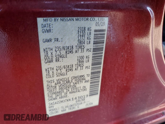 2019 Nissan Murano SV z VIN 5N1AZ2MJ7KN143019, wystawiony jako Copart lot #43336285 z przebiegiem 63 473 mil mil oraz Szkoda całkowita • Salvage title. Historia ofert i sprzedaży dostępna na DreamBid. Obrazek 13.