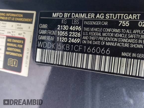 2012 Mercedes-Benz E 350 with VIN WDDKJ5KB1CF166066, listed as a IAAI auction lot 41512531 with 136,180 mi miles and . Bid and sale history available at DreamBid. Image 9.