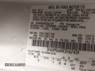 2012 Ford Fusion SEL with VIN 3FAHP0JA9CR167439, listed as a IAAI auction lot 42240409 with 146,921 mi miles and . Bid and sale history available at DreamBid. Image 9.