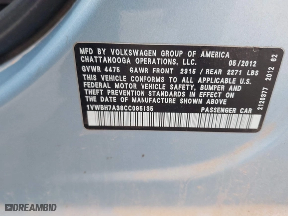 2012 Volkswagen Passat SE with VIN 1VWBH7A38CC095135, listed as a IAAI auction lot 41342748 with 229,365 mi miles. Bid and sale history available at carsss.com. Image 9.