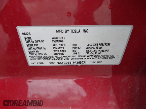 2023 Tesla Model Y Long Range with VIN 7SAYGDEE1PA169031, listed as a IAAI auction lot 41660766 with 35,253 mi miles and . Bid and sale history available at DreamBid. Image 9.