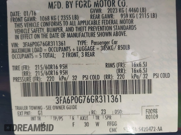 2016 Ford Fusion S with VIN 3FA6P0G76GR311361, listed as a IAAI auction lot 42578682 with 157,656 mi miles and . Bid and sale history available at DreamBid. Image 9.