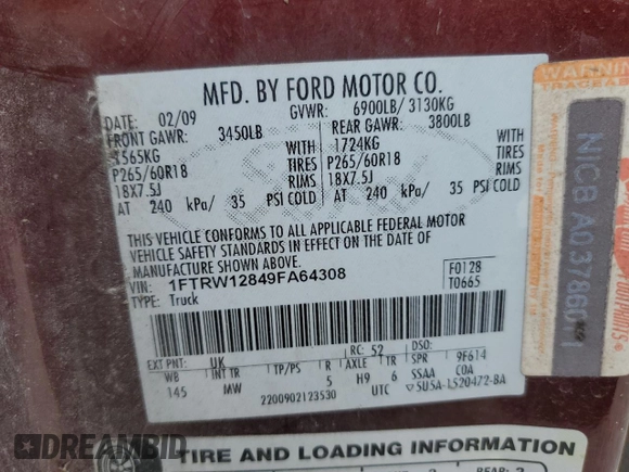 2009 Ford F-150 XL with VIN 1FTRW12849FA64308, listed as a Copart auction lot 50622195 with 177,088 mi miles and Non Repairable. Bid and sale history available at carsss.com. Image 13.
