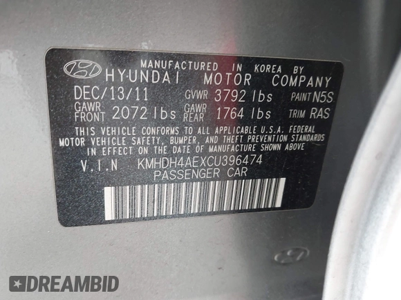 2012 Hyundai Elantra Limited с VIN KMHDH4AEXCU396474, выставлен на аукционе IAAI как лот 42476685 с пробегом 156 788 миль миль и . История ставок и продаж доступна на DreamBid. Изображение 9.