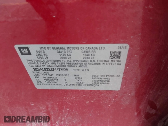 2015 Chevrolet Equinox LT with VIN 2GNALBEK8F1173030, listed as a IAAI auction lot 41848517 with 118,329 mi miles. Bid and sale history available at carsss.com. Image 9.