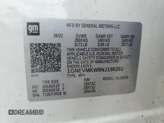 2022 Chevrolet Traverse LT Cloth z VIN 1GNEVMKW9NJ190261, wystawiony jako Copart lot #53342155 z przebiegiem 24 952 mil mil oraz Szkoda całkowita • Salvage title. Historia ofert i sprzedaży dostępna na DreamBid. Obrazek 13.