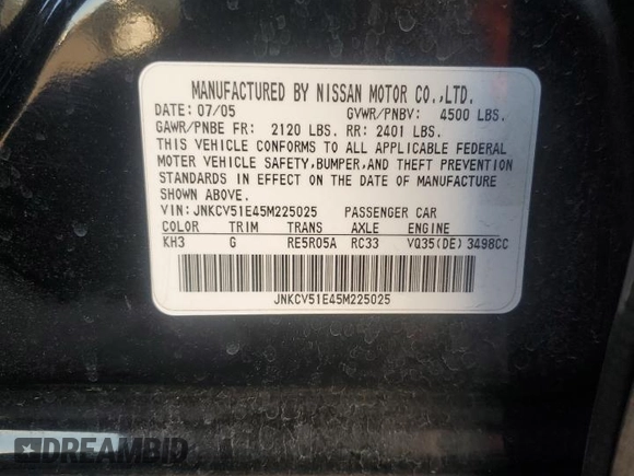 2005 Infiniti G35 with VIN JNKCV51E45M225025, listed as a Copart auction lot 89391355 with Not Provided miles and Salvage Title. Bid and sale history available at DreamBid. Image 13.