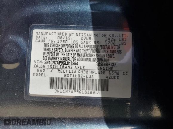 2016 Nissan Versa S z VIN 3N1CN7AP9GL818264, wystawiony jako Copart lot #56643895 z przebiegiem 55 110 mil mil oraz Szkoda całkowita • Salvage title. Historia ofert i sprzedaży dostępna na DreamBid. Obrazek 12.