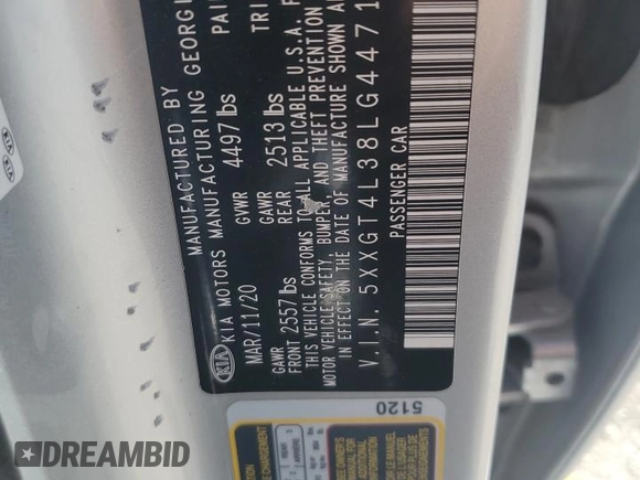 2020 Kia Optima LX with VIN 5XXGT4L38LG447102, listed as a Copart auction lot 57464255 with 43,988 mi miles and Salvage title. Bid and sale history available at DreamBid. Image 12.