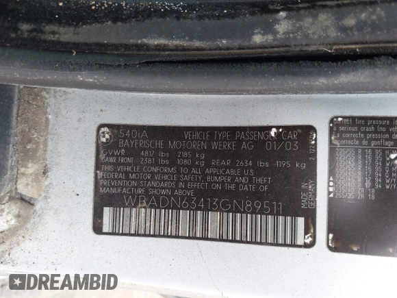2003 BMW 5 Series 540i with VIN WBADN63413GN89511, listed as a IAAI auction lot 41902853 with Not Provided miles and . Bid and sale history available at DreamBid. Image 9.