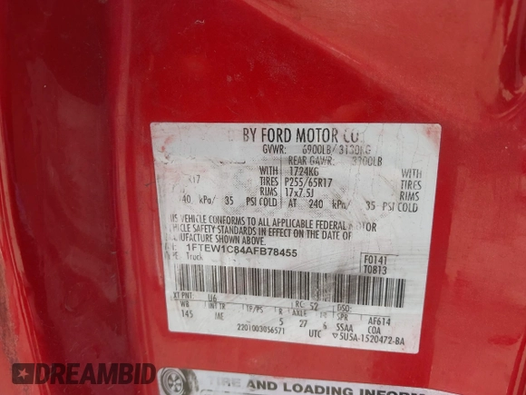2010 Ford F-150 XL with VIN 1FTEW1C84AFB78455, listed as a IAAI auction lot 41489596 with 190,651 mi miles. Bid and sale history available at carsss.com. Image 9.