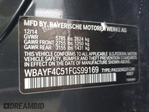 2015 BMW 7 Series 740Li xDrive with VIN WBAYF4C51FGS99169, listed as a Copart auction lot 37415003 with 82,826 mi miles. Bid and sale history available at carsss.com. Image 12.