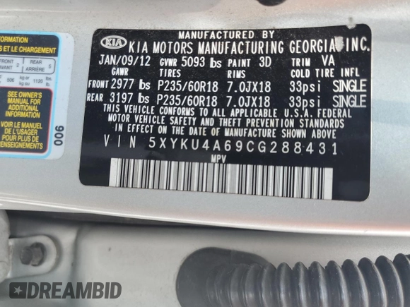 2012 Kia Sorento EX with VIN 5XYKU4A69CG288431, listed as a Copart auction lot 62986595 with 216,323 mi miles and Salvage title. Bid and sale history available at DreamBid. Image 13.