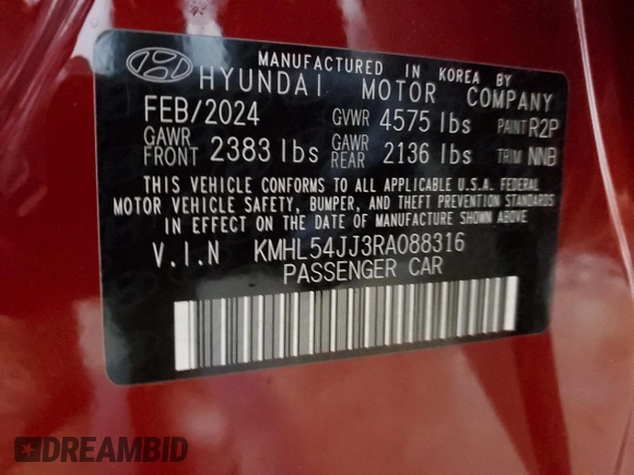 2024 Hyundai Sonata Hybrid Limited with VIN KMHL54JJ3RA088316, listed as a Copart auction lot 52333365 with 0 mi miles and Salvage Title. Bid and sale history available at carsss.com. Image 12.