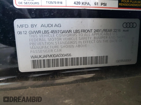 2013 Audi A3 Premium Plus with VIN WAUKJAFM0DA030456, listed as a Copart auction lot 60931685 with 107,250 mi miles and Salvage title. Bid and sale history available at DreamBid. Image 12.
