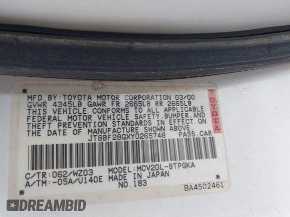 2000 Lexus ES 300 с VIN JT8BF28GXY0265748, выставлен на аукционе IAAI как лот 42394243 с пробегом 225 244 миль миль и . История ставок и продаж доступна на DreamBid. Изображение 9.