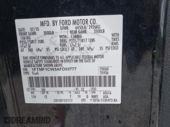 2010 Ford F-150 XL with VIN 1FTMF1CW3AFD03777, listed as a IAAI auction lot 42529496 with 265,356 mi miles and . Bid and sale history available at DreamBid. Image 9.