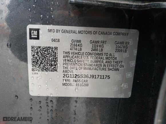 2018 Chevrolet Impala Premier with VIN 2G1125S36J9171175, listed as a Copart auction lot 89202285 with 165,532 mi miles and Salvage Title. Bid and sale history available at carsss.com. Image 14.