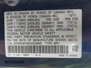 2017 Honda CR-V LX with VIN 2HKRW6H32HH224845, listed as a IAAI auction lot 41634528 with 125,771 mi miles. Bid and sale history available at carsss.com. Image 9.