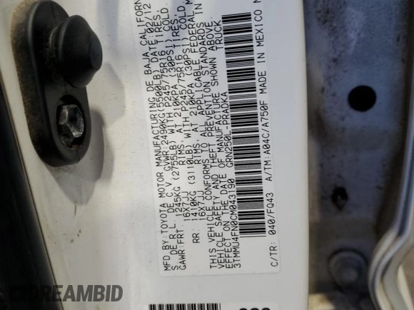 2012 Toyota Tacoma with VIN 3TMMU4FN0CM043190, listed as a Copart auction lot 49410125 with 126,449 mi miles and Salvage title. Bid and sale history available at DreamBid. Image 12.
