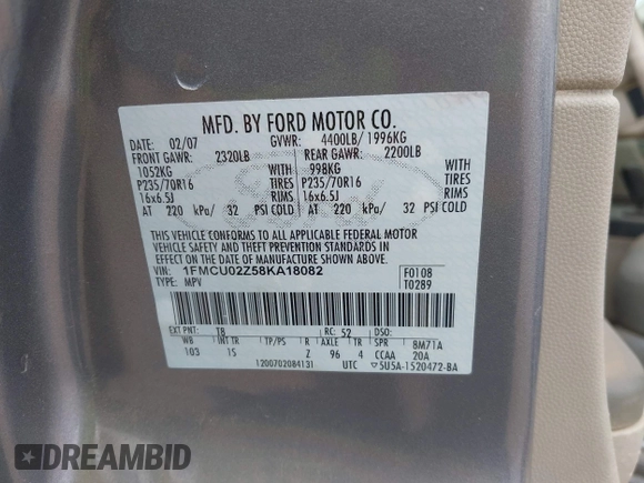 2008 Ford Escape XLS с VIN 1FMCU02Z58KA18082, выставлен на аукционе IAAI как лот 41957377 с пробегом 141 200 миль миль и . История ставок и продаж доступна на DreamBid. Изображение 9.