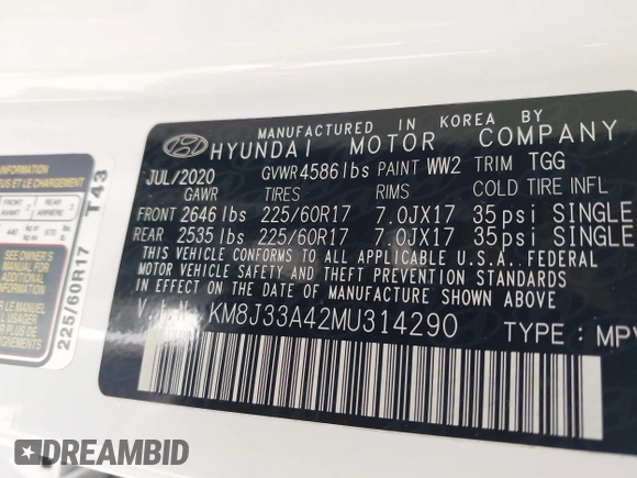 2021 Hyundai Tucson Value with VIN KM8J33A42MU314290, listed as a IAAI auction lot 41986298 with 32,740 mi miles and . Bid and sale history available at DreamBid. Image 9.
