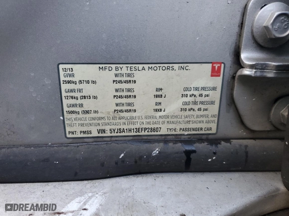 2014 Tesla Model S 60 kWh Battery with VIN 5YJSA1H13EFP28607, listed as a Copart auction lot 48899785 with 0 mi miles and Salvage Title. Bid and sale history available at carsss.com. Image 12.
