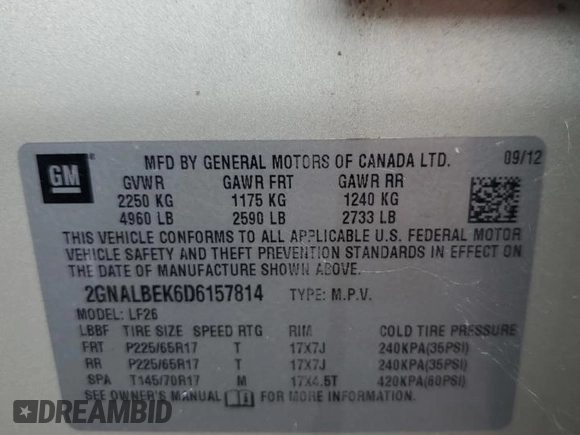 2013 Chevrolet Equinox LS z VIN 2GNALBEK6D6157814, wystawiony jako Copart lot #71841404 z przebiegiem 170 220 mil mil oraz Szkoda całkowita • Salvage title. Historia ofert i sprzedaży dostępna na DreamBid. Obrazek 13.