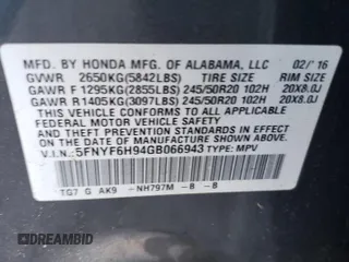 2016 Honda Pilot Touring with VIN 5FNYF6H94GB066943, listed as a Copart auction lot 43064615 with Not Provided miles and Salvage Title. Bid and sale history available at DreamBid. Image 14.