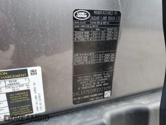 2023 Land Rover Defender SE with VIN SALEP7EU1P2223015, listed as a Copart auction lot 53231065 with 3,662 mi miles and Clean title. Bid and sale history available at DreamBid. Image 13.
