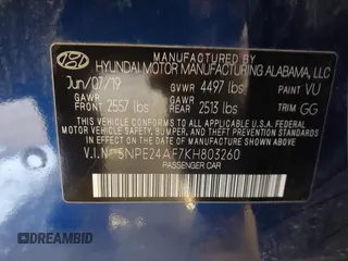 2019 Hyundai Sonata SE with VIN 5NPE24AF7KH803260, listed as a IAAI auction lot 41713958 with Not Provided miles and . Bid and sale history available at carsss.com. Image 9.