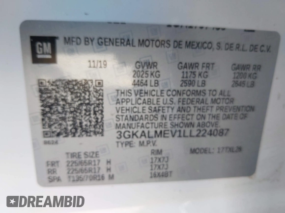 2020 GMC Terrain SLE with VIN 3GKALMEV1LL224087, listed as a IAAI auction lot 41843729 with 54,152 mi miles. Bid and sale history available at carsss.com. Image 9.
