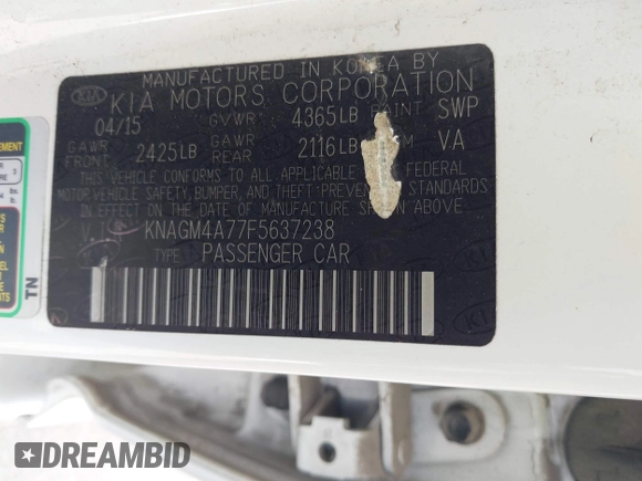 2015 Kia Optima LX with VIN KNAGM4A77F5637238, listed as a IAAI auction lot 42372825 with 139,099 mi miles and . Bid and sale history available at DreamBid. Image 9.