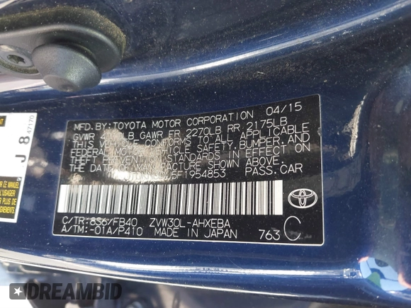 2015 Toyota Prius Four with VIN JTDKN3DU5F1954853, listed as a IAAI auction lot 40617411 with Not provided miles and . Bid and sale history available at DreamBid. Image 9.