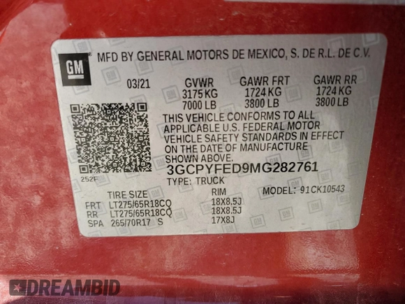 2021 Chevrolet Silverado 1500 LT Trail Boss with VIN 3GCPYFED9MG282761, listed as a Copart auction lot 52230705 with 42,328 mi miles and Salvage Title. Bid and sale history available at DreamBid. Image 14.