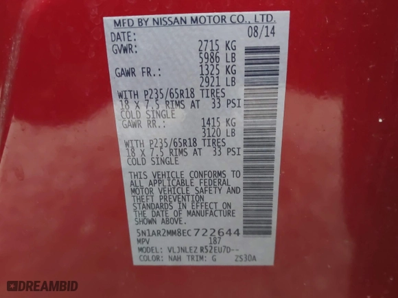 2014 Nissan Pathfinder S with VIN 5N1AR2MM8EC722644, listed as a IAAI auction lot 41986680 with 147,215 mi miles. Bid and sale history available at carsss.com. Image 9.