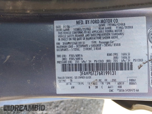 2006 Ford Fusion SE with VIN 3FAHP07Z76R199131, listed as a IAAI auction lot 41875073 with 243,396 mi miles and . Bid and sale history available at DreamBid. Image 9.