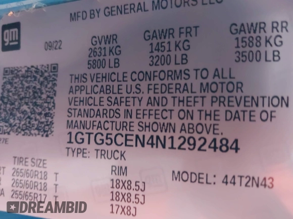 2022 GMC Canyon 2WD Elevation с VIN 1GTG5CEN4N1292484, выставлен на аукционе IAAI как лот 42066576 с пробегом 20 930 миль миль и . История ставок и продаж доступна на DreamBid. Изображение 9.