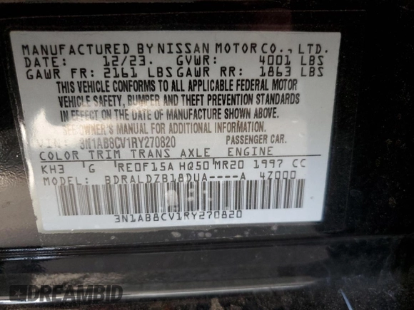 2024 Nissan Sentra SV z VIN 3N1AB8CV1RY270820, wystawiony jako Copart lot #57777345 z przebiegiem 23 980 mil mil oraz Szkoda całkowita • Salvage title. Historia ofert i sprzedaży dostępna na DreamBid. Obrazek 12.