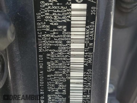 2010 Toyota Matrix S z VIN 2T1KE4EE7AC038080, wystawiony jako Copart lot #52586595 z przebiegiem 159 301 mil mil oraz Szkoda całkowita • Salvage title. Historia ofert i sprzedaży dostępna na DreamBid. Obrazek 15.