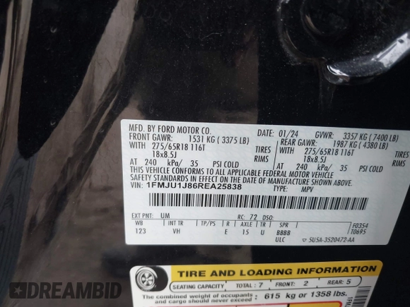2024 Ford Expedition XLT с VIN 1FMJU1J86REA25838, выставлен на аукционе IAAI как лот 42135267 с пробегом 45 145 миль миль и . История ставок и продаж доступна на DreamBid. Изображение 9.