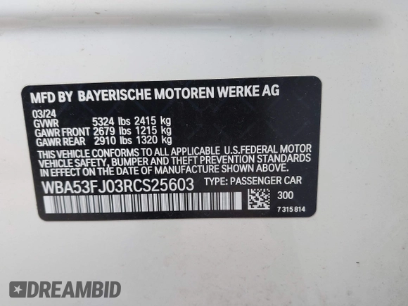 2024 BMW 5 Series 530i xDrive with VIN WBA53FJ03RCS25603, listed as a IAAI auction lot 42141231 with Not provided miles and . Bid and sale history available at DreamBid. Image 9.