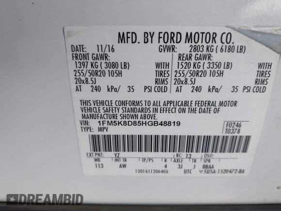 2017 Ford Explorer XLT с VIN 1FM5K8D85HGB48819, выставлен на аукционе IAAI как лот 41892276 с пробегом 132 962 миль миль и . История ставок и продаж доступна на DreamBid. Изображение 9.