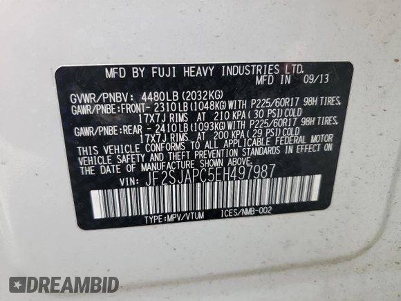2014 Subaru Forester Touring с VIN JF2SJAPC5EH497987, выставлен на аукционе Copart как лот 60756495 с пробегом 66 060 миль миль и Списание • Salvage title. История ставок и продаж доступна на DreamBid. Изображение 13.