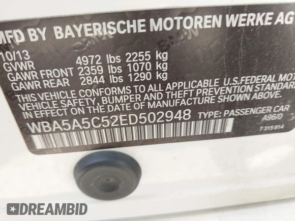 2014 BMW 5 Series 528i z VIN WBA5A5C52ED502948, wystawiony jako IAAI lot #42179994 z przebiegiem 120 601 mil mil oraz . Historia ofert i sprzedaży dostępna na DreamBid. Obrazek 9.