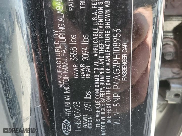 2023 Hyundai Elantra Limited with VIN 5NPLP4AG2PH108953, listed as a Copart auction lot 49537655 with 27,329 mi miles and Salvage Title. Bid and sale history available at carsss.com. Image 14.